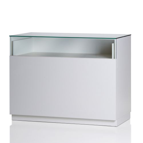 Butiksdisk i hvid inkl. topplade i glas - udtræksplade i hele bredden - inkl. 2 hylder<br />mål længde 120 cm - diskdybde 60 cm