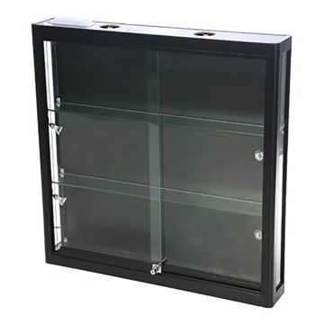 Vægmontre - vægvitrine - sort aluminium og hærdet glas<br />inkl. 4 spot og lys i toppen<br />mål H90xB90xD15 cm