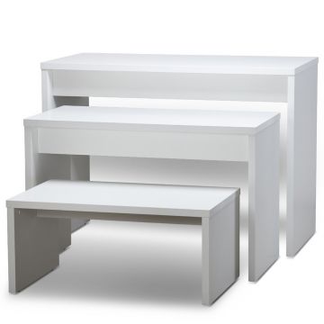 Oplægsbord som sæt - hvid melaminfolie - STÆRK PRIS<br />sættet består af 3 borde i 3 størrelser<br />mål lille L100xB60xH45 cm - mellem L120xB60xH77 cm - stor L140xB70xH100 cm