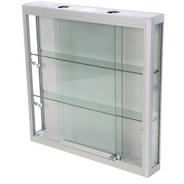 Vægmontre - vægvitrine - aluminium og hærdet glas<br />inkl. 4 spot og lys i toppen<br />mål H90xB90xD15 cm